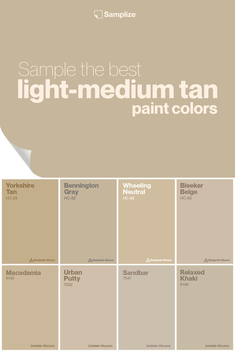 Sample the best light-medium tan paint colors with Samplize for your home painting projects! Explore and experience a curated selection of exquisite shades designed to elevate your space effortlessly. Tan Taupe Paint Colors, Toasted Almond Paint Color, Camel Paint Color, Benjamin Moore Tan, Nevada Tan, Sand Paint Color, Tan Paint Colors, Taupe Paint Colors, Best Neutral Paint Colors