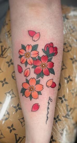 Traditional Tattoo Cherry Blossom, Traditional Cherry Blossom Tattoo Design, Cherry Blossom Tattoo Neo Traditional, Cherry Blossom Tattoo Old School, Traditional Sakura Tattoo, American Traditional Cherry Blossom, Cherry Blossom Flowers Tattoo, Sakura Japanese Tattoo, Traditional Japanese Flower Tattoo