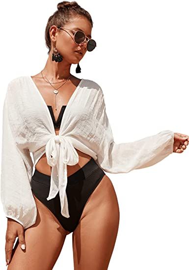 Verdusa Women, Kimono Crop Top, Crop Top Swimwear, Kimono Swim Cover Up, Long Sleeve Kimono, Sleeve Swimsuit, Long Sleeve Swimsuit, Wrap Crop Tops, Women's Tie