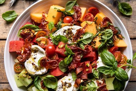 Melon Basil Burrata Salad with Crispy Prosciutto. Baked Buffalo Cauliflower Bites, Baked Buffalo Cauliflower, Canned Baked Beans, Vegan Cashew Cheese, Grilled Carrots, Crispy Prosciutto, Burrata Salad, Buffalo Cauliflower Bites, Wellness Community