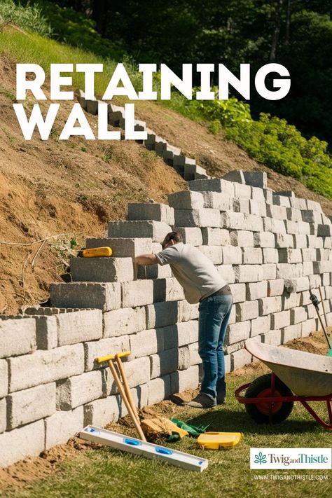 Retaining Wall on Slope Cheap Diy Retaining Wall Ideas, Retaining Wall Landscape Sloped Yard, How To Build A Retaining Wall On A Slope, Landscape Sloped Yard, How To Build A Retaining Wall, Retaining Walls On A Slope, Garden On Slope, Build Retaining Wall, Retaining Wall On A Slope