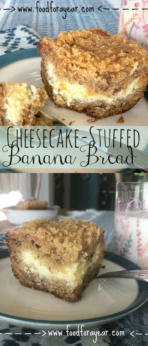 Banana Cheesecake Bread, Stuffed Banana Bread, Food For A Year, Banana Pudding Cheesecake, Banana Cheesecake, Bread Food, Banana Recipes, Banana Cake, Savoury Cake