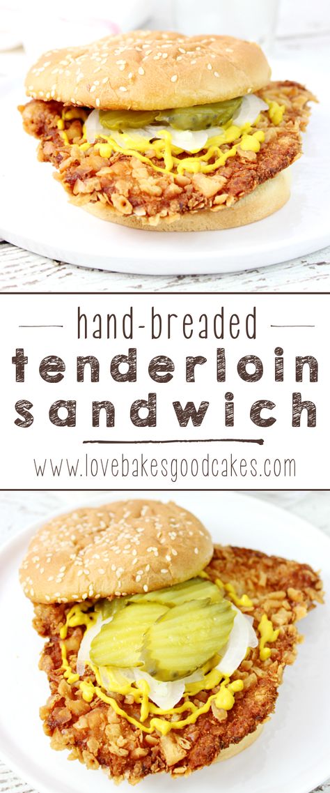 A Midwest favorite! This Hand-Breaded Tenderloin Sandwich is fried until golden brown, then topped the traditional way with mustard, pickles and onions! You have to try this sandwich!! Breaded Tenderloin, Breaded Pork Tenderloin, Tenderloin Sandwich, Pork Tenderloin Sandwich, Bbq Burger, Mustard Pickles, Tenderloin Recipes, Pork Tenderloin Recipes, Stuffed Pork Tenderloin