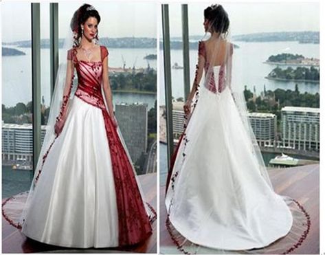 Bridal gowns with color ~ red and white wedding dress with cap sleeves. This one has a front and back view Affordable Red Wedding Dress, Red Wedding Dresses With Sleeves, Red Wedding Dress With Split, Wedding Dresses With Hint Of Red, Red Native Amircan Wedding Dresses, Red Wedding Dress Couture Candy, Muddy Girl Camo Wedding, White And Red Wedding, Red And White Weddings