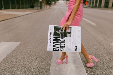 Pink Blazer Photoshoot, Pink Senior Pictures, Pink Newspaper, Personalized Newspaper, Lash Photoshoot, Work Headshots, Newspaper Photoshoot, Pink Blazer Dress, Couple Graduation