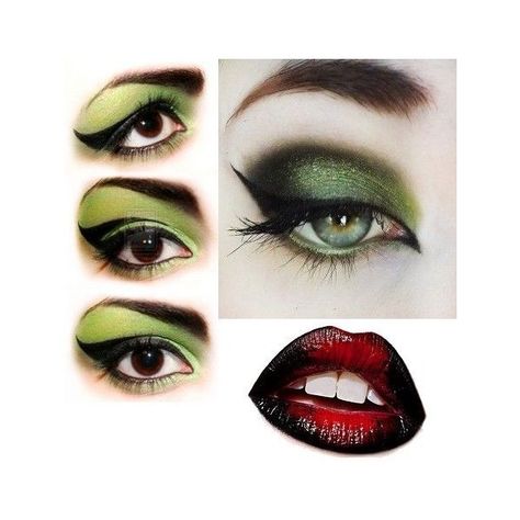 Witch make up green eyes and red black lips for Halloween ❤ liked on Polyvore featuring beauty products Make Up Green Eyes, Make Up Green, Makeup Chart, Makeup Verde, Makeup Meme, Downturned Eyes, Revolution Palette, Makeup Mask, Halloween Makeup Witch