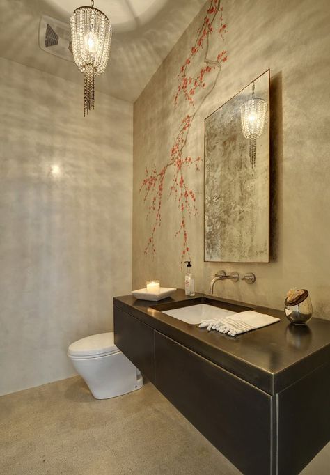 Cherry blossom mural in a contemporary bathroom                                                                                                                                                                                 More Cherry Blossom Bathroom, Cherry Blossom Mural, Blossom Mural, Most Popular Wallpaper, Unique Bathroom Tiles, Bathroom Wall Mural, Tiny Powder Rooms, Cherry Wallpaper, Modern Contemporary Bathrooms