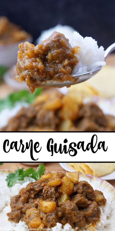 A double photo collage of carne guisada served over white rice. Carne Guisada Recipe Mexican, Guisada Recipe, Mexican Beef Stew, Mexican Stew, Beef And Potato Stew, Beef Potatoes, Crock Pot Potatoes, Potato Stew, Carne Guisada