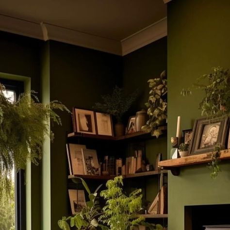 Moody Olive Green Living Room, Olive Green Sitting Room, Dark Olive Living Room, Green Vintage Room, Emerald Green And Sage Green, Brown And Green Room, Olive Green Interior Design, Olive Green Room, Green Sitting Room