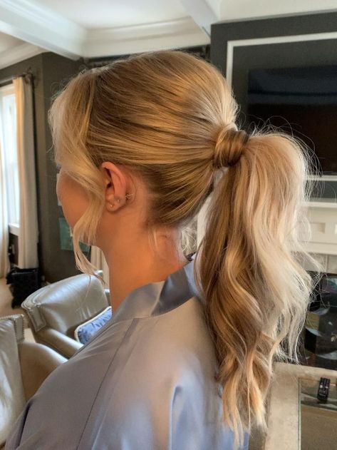 Mid Pony Updo, Mid Ponytail Hairstyles Wedding, Ponytails For Bridesmaids, Trendy Wedding Guest Hairstyles, Bridal Ponytail Medium Hair, Mid Pony Hairstyles, Mid Hair Wedding Styles, Bridesmaid Hairstyles Pony, Ponytail For Wedding Guest