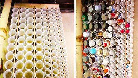 Pvc Paint Storage, Paint Storage Diy, Pvc Pipe Storage, Spray Paint Storage, Paint Organizer, Pipe Storage, Diy Storage Projects, Plastic Totes, Craft Paint Storage