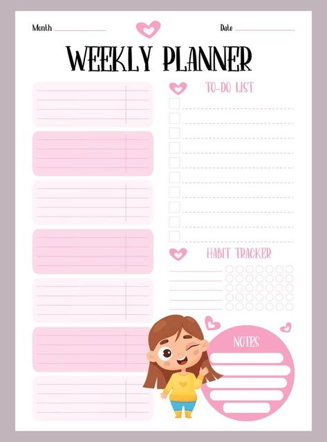 Weekly girly planner, to do list, notes and habit tracker with cute smiling girl. Vector vertical template in pink color. Sheet for printing, design, decor, kids collection, stationery. Girly Planner, Habit Tracker, To Do List, Pink Color, Note Pad, Vector Free, Logo Design, Stationery, Clip Art