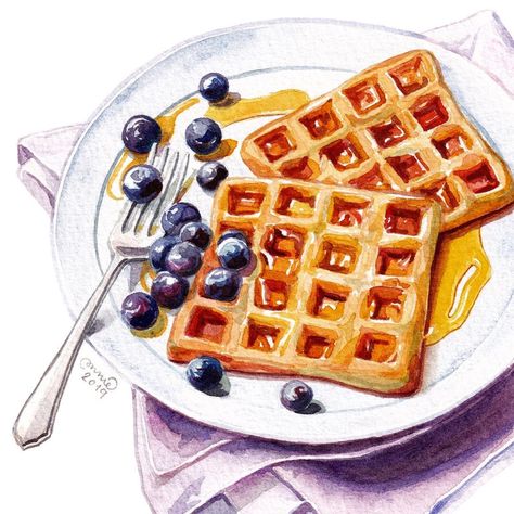 13.8.2019 Blueberry waffles • • • • • • Watercolou Drawing With Waffles, Waffle Dessert, One More Day To Go, Berry Waffles, Blueberry Waffles, Food Art Painting, Black Berries, Dessert Illustration, Watercolor Cake