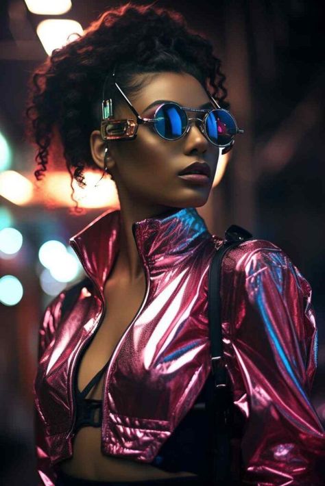 A fabulous curly-haired woman rocks a bold and vibrant pink jacket, effortlessly combining elements of Cyberpunk and Retro fashion. Her futuristic sunglasses add an extra touch of flair to her stylish ensemble. With her unique fashion sense, she stands out from the crowd and embraces a truly avant-garde look. Concept Fashion, Futuristic Sunglasses, Futuristic Cyberpunk, Cyberpunk Fashion, Curly Hair Women, Bob Hair, Metallic Fabric, Pink Jacket, Character Creation