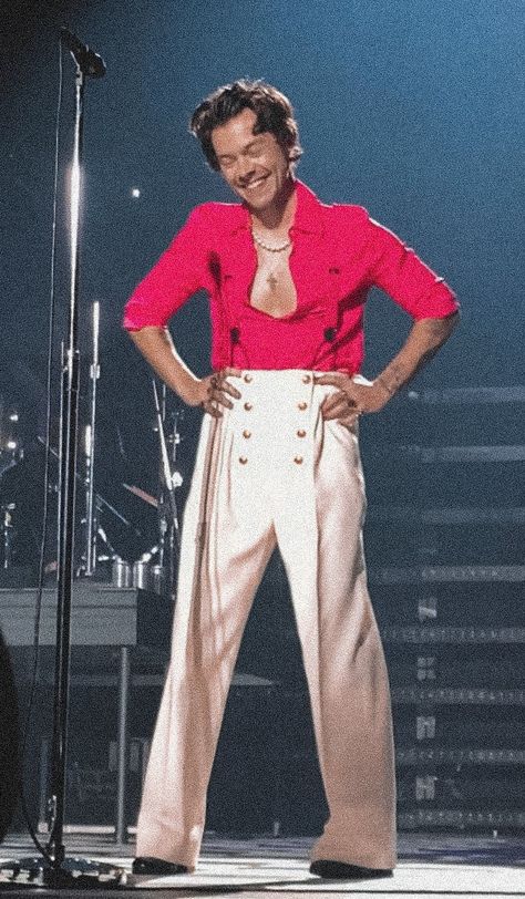 Harry Styles High Waisted Pants, Harry Styles Standing, Iconic Harry Styles Outfits, Harry Styles Jeans, Harry Styles Halloween Costume, Ed Sheeran Concert Outfit, Harry Styles Red Carpet, Harry Styles Dress, Harry Styles Love On Tour Outfits