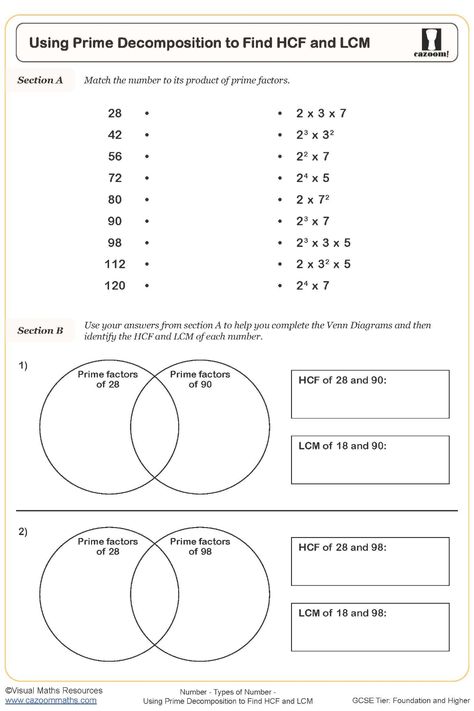 Engage students in discovering the highest common factor and lowest common multiple through Prime Decomposition with this worksheet. Students will explore factor decomposition to identify HCF and LCM for pairs of numbers, enhancing their understanding of number relationships and problem-solving skills. Encourage active learning and mathematical thinking with this educational resource. Hcf And Lcm Activity For Class 5, Lcm Worksheets For Grade 5, Hcf And Lcm Worksheet Grade 4, Prime Factorization Worksheet Grade 5, Ks3 Maths Worksheets, Least Common Multiple Activities, Year 9 Maths Worksheets, Ks1 Maths Worksheets, Year 8 Maths Worksheets