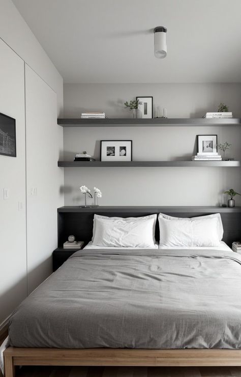 Bedroom With Grey Walls, Serene Bedroom Ideas, Clean Room Aesthetic, Gray Bedroom Walls, Black Headboard, Black Shelves, Serene Bedroom, Grey Bedroom, Bedroom Black