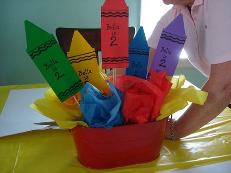 crayoLA birthday | cheap and cheery centerpiece | Crayola Birthday Party Crayola Party, Crayola Birthday Party, Crayon Birthday Parties, Drawing Party, Coloring Party, Funny Walk, Crayon Party, Cupcake Birthday Party, School Picnic