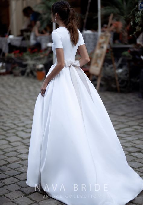 Modest LDS Simple Satin minimalist Short sleeves, Crew Neck, High Back, A line, Elegant effortless Chic Wedding dress, Matty Gown. Simple Wedding Dress Casual, Chic Wedding Dress, Korean Wedding Dress, Wedding Dress Buttons, Simple Satin, Chic Wedding Dresses, Crepe Wedding Dress, High Neck Wedding Dress, White Wedding Gowns