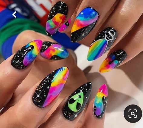 Vanessa Cooper, Alien Nails, Hippie Nails, Colorful Nail, Galaxy Nails, Edgy Nails, Summer Acrylic Nails, Cat Kuku, Art Nails