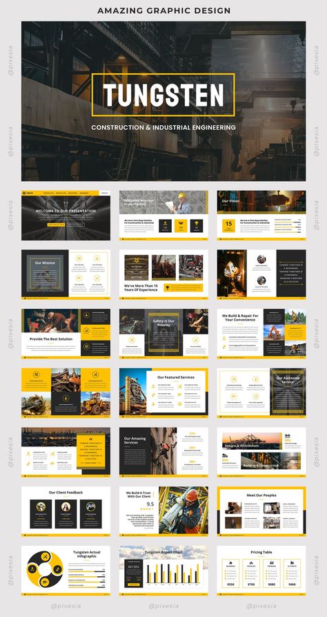 Tungsten - Construction & Industrial Engineering PowerPoint Template has a professional, ultra-modern and unique design, where each slide is created with love and attention to detail. So, Grab it Fast! 😀 Engineering Powerpoint Template, Presentation Deck, Powerpoint Slide Designs, Industrial Engineering, Powerpoint Presentation Design, Ppt Design, Power Point Template, Powerpoint Slide, Slide Design