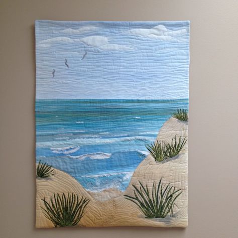 Landscape Art Quilts Fabric, Seascape Applique, Landscape Quilts Ideas, Art Quilts Inspiration, Seascape Quilts, Sea Turtle Quilts, Landscape Quilting, Coastal Quilts, Ocean Quilt