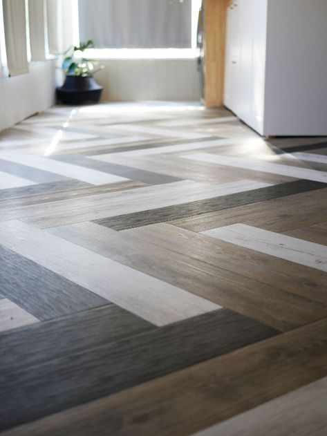 DIY Flooring Projects - Herringbone Floors with Vinyl Stick Down Planks - Cheap Floor Ideas for Those On A Budget - Inexpensive Ways To Refinish Floors With Concrete, Laminate, Plywood, Peel and Stick Tile, Wood, Vinyl - Easy Project Plans and Unique Creative Tutorials for Cool Do It Yourself Home Decor http://diyjoy.com/diy-flooring-projects Best Flooring For Basement, Herringbone Floor, Flooring Projects, Basement Flooring, Diy Flooring, Vinyl Plank Flooring, Vinyl Tile, Flooring Options, Floor Patterns