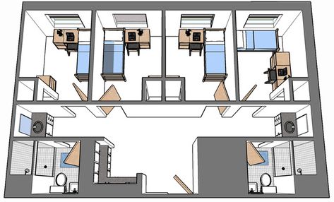 Dorm Layout, Dorm Room Layouts, Hostels Design, Hostel Room, University Dorms, Student Apartment, Residence Life, Shelter Design, Residence Hall