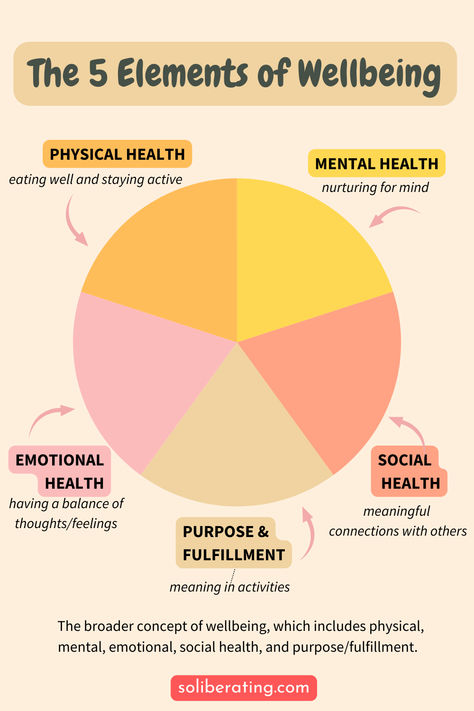 A pie chart showing the 5 areas of wellbeing, including physical, mental, social, and emotional health, plus purpose and fulfillment. Wellness Group Activities, The 5 Elements, Social Health, Debate Topics, Wellbeing Activities, Reiki Room, Mind Thoughts, 5 Elements, What Is The Difference Between