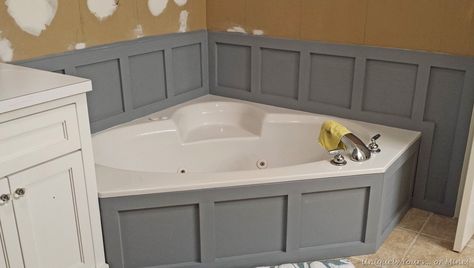 Installing wainscoting around bathtub in master bathroom Bathroom Master Bath, Bathroom Tub Remodel, Corner Jacuzzi Tub, Installing Wainscoting, Tub Remodel, Jacuzzi Bathtub, Manufactured Home Remodel, Bathroom Master, Bathtub Decor