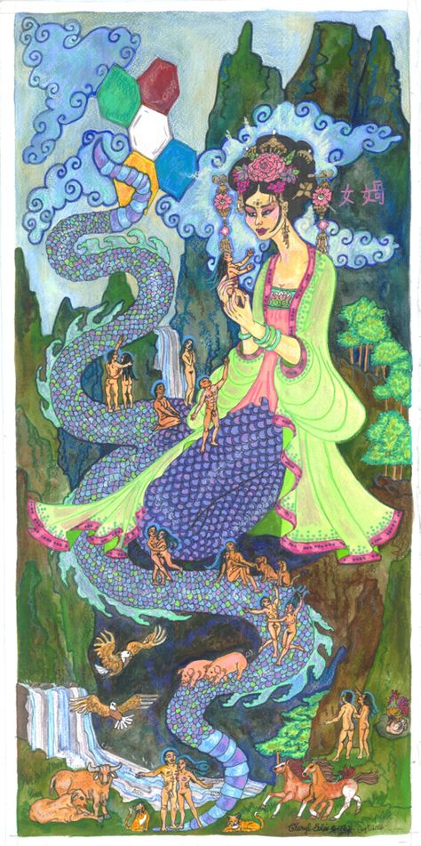 NuWa is the Mother Goddess who created humans and animals in ancient Chinese myth. She took ... Chinese Goddess, Snake Dragon, Humans And Animals, Yellow River, Polynesian Art, Ancient Dragon, Goddess Tattoo, Japanese Mythology, Chinese Mythology