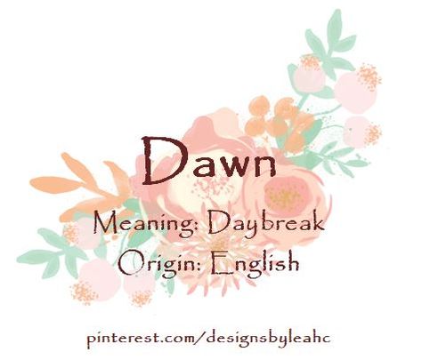 Baby Girl Name: Dawn. | Meaning: Daybreak. | Origin: English. | www.pinterest.com/designsbyleahc | #dawn #babyname #babynames #babygirlname #babygirlnames #designsbyleahc Dawn Name Meaning, Skye Name Meaning, Davina Name Meaning, Dawn Meaning, Dawn Name, Danielle Name Meaning, Delilah Name Meaning, Exotic Names, Rare Names