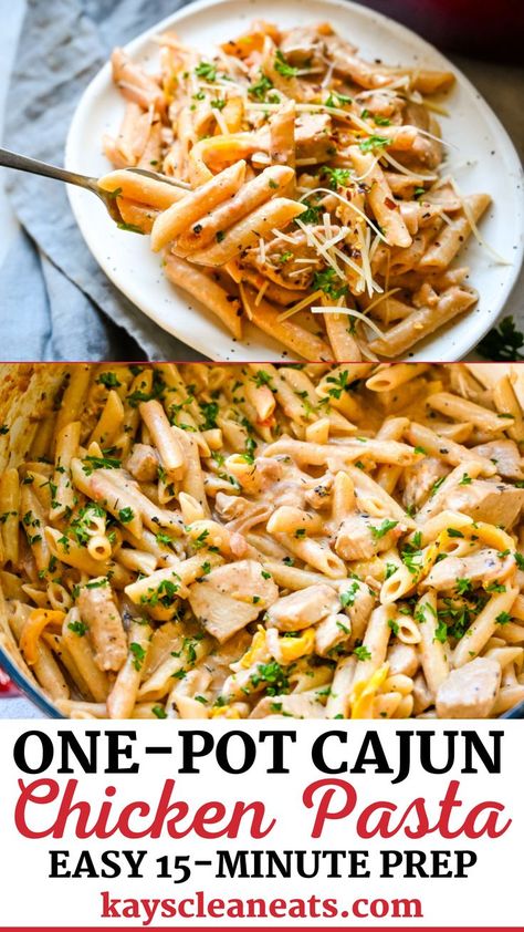 This recipe for one-pot cajun chicken pasta makes dinner a breeze. Made with penne pasta, veggies, and chicken all coated in the most delicious creamy cajun sauce. This pasta is the perfect weeknight meal, so delicious! Pasta ohh pasta, I feel like it’s taken over the social media space lately and I love to see it. | @kayscleaneats #cajunpasta #easycajunpasta #easyfamildinnerrecipes #cajunchickenpasta #easyfamilydinnerrecipes One Pot Cajun Chicken Pasta, Easy Cajun Chicken Pasta, Creamy Cajun Sauce, Chicken Breast Pasta, Pasta Veggies, Chicken Penne Pasta, Cajun Chicken Pasta Recipes, Cajun Sauce, Spiral Pasta