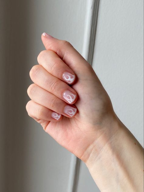 Hand with short nails with a white flame design Short Nails With Flames, Short Nails Flame Design, Short Nails Ideas Flames, Flame Short Nails, Flame Nails Short Men, Flame Nails Short, Short Flame Nails, Short Nail White, White Flame Nails