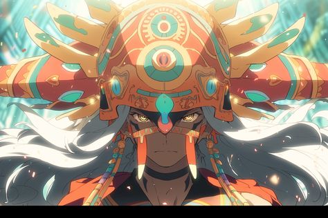 Aztec Sorcerer, Aztec Dnd Character, Aztec Anime, Aztec Oc, God Of The Stars, Aztec Character Design, Mayan Mythology, Aztec Gods, Latino Art