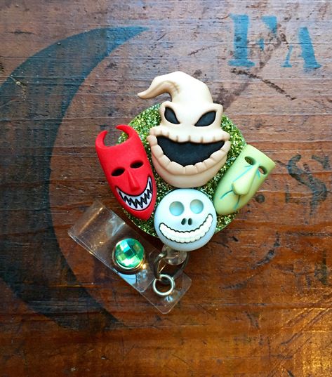 Excited to share this item from my #etsy shop: Mr. Oogie Boogie* & Lock, Shock and Barrel* Nightmare Before Christmas* ID Badge Reel Nightmare Before Christmas Clay, Barrel Nightmare Before Christmas, Lock Nightmare Before Christmas, Mr Oogie Boogie, Nurse Crafts, Halloween Pasta, Lock Shock And Barrel, Cupcakes Halloween, Christmas Badge Reel