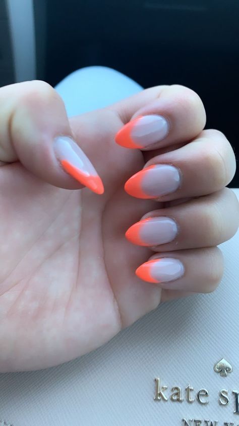 Neon Orange French Tip. Almond Shape. French Tip Almond Shape, Summer French Manicure, Orange French Tip, French Tip Almond, Grad Nails, Almond Shaped Nails Designs, Neon Orange Nails, French Tip Gel Nails, Orange Acrylic Nails