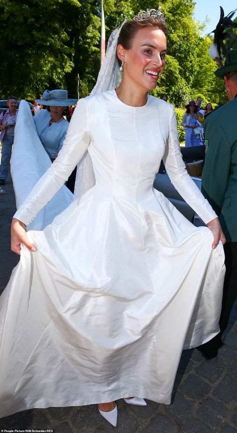 German Prince weds his American model girlfriend in a fairytale wedding at 12th century castle | Daily Mail Online Gown With Long Sleeves, Prince Wedding, Royal Wedding Gowns, White Stilettos, Vogue Models, American Model, European Royalty, A Castle, Royal Weddings