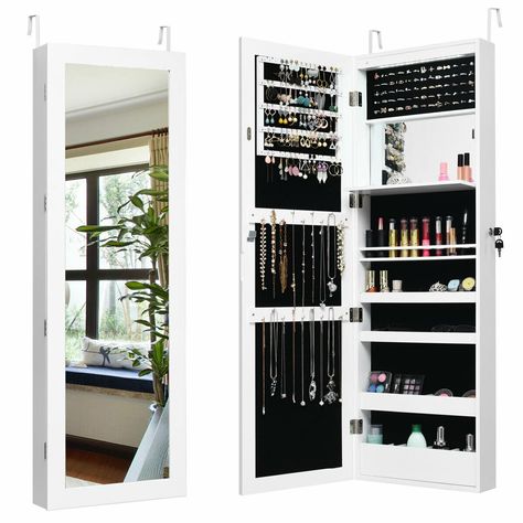 Gymax Wall Door Mounted Lockable Jewelry Cabinet Armoire Organizer w/LED - Walmart.com - Walmart.com Full Length Mirror Cabinet, Mirror Jewelry Cabinet, Wall Mounted Jewelry Armoire, Lights Mirror, Over The Door Organizer, Mirror Jewelry, Mirror Jewellery Cabinet, Cabinet Wall, Jewelry Organizer Storage