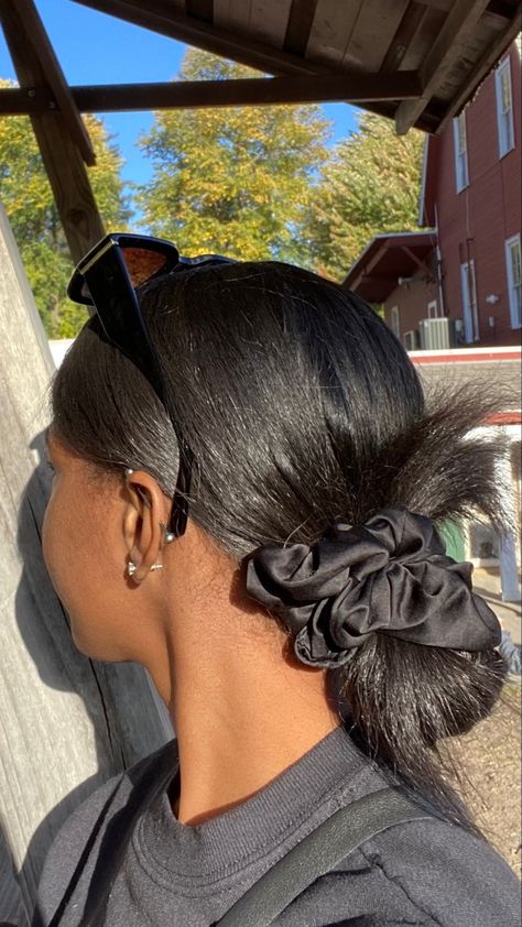 Low Pony Natural Hair, Relaxed Hair Protective Styles, Relaxed 4c Hair, Messy Low Bun, Easy Low Bun, Scrunchies Hairstyles, Low Bun Hairstyle, Silk Press Hair, Relaxed Hairstyles