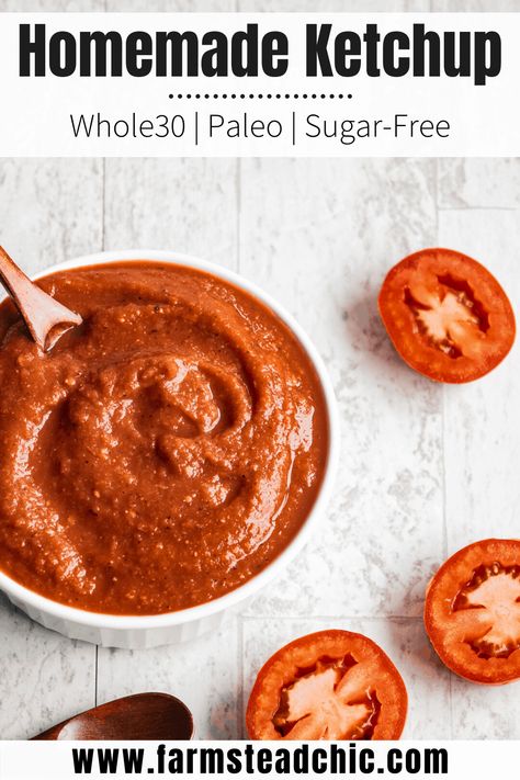 Sweet and spicy, thick and robust, this Paleo & Whole30 Ketchup is made with a handful of basic pantry staples (plus dates) and so much healthier than the regular storebought junk. #farmsteadchic #whole30approved #paleodiet #eatrealfood #homemadeketchup Whole 30 Ketchup, Whole30 Ketchup, Low Carb Zucchini Fries, Paleo Sauces, Homemade Ketchup, Condiment Recipes, Creamy Tomato Sauce, Low Carb Dinner Recipes, Low Carb Gluten Free