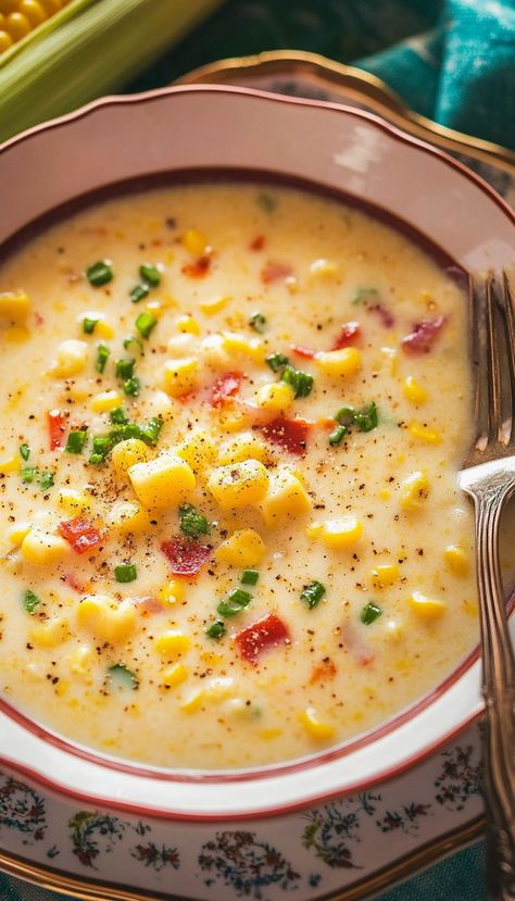 This Creamy Corn Chowder Recipe is the perfect comfort food for chilly days. Made with sweet corn, tender potatoes, and crispy bacon, this chowder is rich, creamy, and full of flavor. The creamy base, seasoned with garlic, thyme, and a touch of cream, makes this chowder a filling and satisfying meal. It’s easy to make and can be served with a side of crusty bread for dipping. Creamy Corn Chowder Recipe, Creamy Corn Chowder, Bread For Dipping, Winter Meals, Corn Chowder Recipe, Chowder Recipe, Creamy Corn, Comfort Soup, Cozy Meals