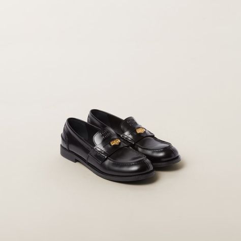 Black Brushed Leather Loafers | Miu Miu Prada 2005, Penny Loafer, Patent Leather Pumps, Suede Loafers, Penny Loafers, Leather Band, Leather Loafers, Coats Jackets Women, Harrods