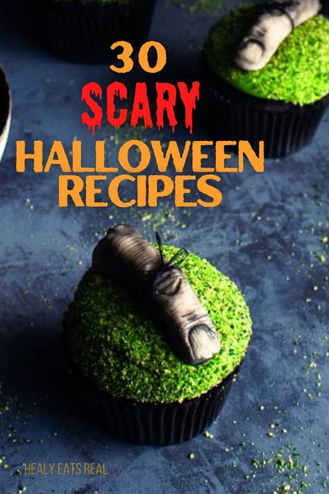 Cupcakes with green frosting and edible creepy decorations, set against a dark background with the text "Scary Halloween Recipes." Scary Halloween Recipes, Halloween Potluck Ideas, Grain Free Bread Recipe, Real Posts, Homemade Halloween Treats, Scary Halloween Food, Green Frosting, Halloween Potluck, Tandoori Recipes