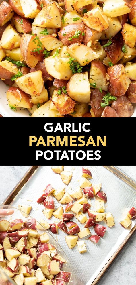 Buttery-rich garlic roasted potatoes with crisp edges, coated in fragrant garlic and tangy parmesan for the best Garlic Parmesan Roasted Potatoes! Veg Board, Garlic Parmesan Roasted Potatoes, Parmesan Potato Recipe, Garlic Parmesan Potatoes, Recipes Veg, Work Recipes, Parmesan Roasted Potatoes, Garlic Red Potatoes, Garlic Roasted Potatoes