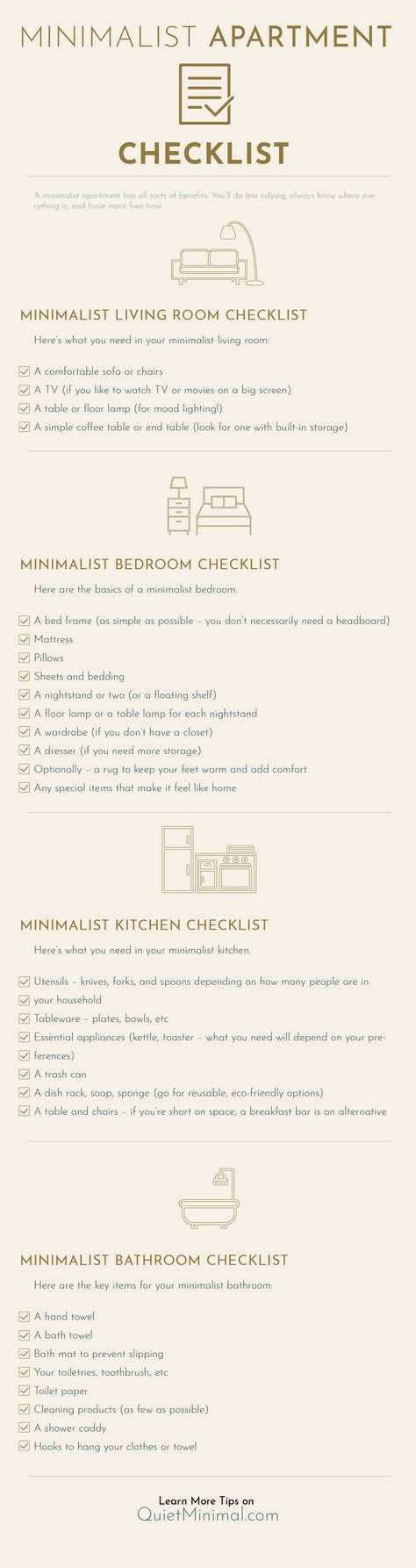 Minimalist Room Checklist, Minimalist House Checklist, Minimalist House List, Minimalist Bedroom Essentials, New Apartment Checklist Minimalist, Small Apartment Checklist, Minimalist Apartment List, First Apartment Minimalist, Minimalist One Room Apartment