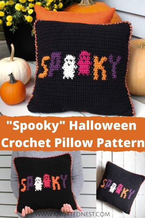 Spooky Halloween Crochet Pillow | Free Crochet Pattern Crochet Halloween Wall Hanging, Crochet Fall Pillow Free Pattern, Halloween Crochet Cardigan, Halloween Crochet Sweater, Halloween Crochet Pillow, Crochet Halloween Pillow, Crochet Halloween Sweater, Free Halloween Crochet Patterns, Dark Crochet