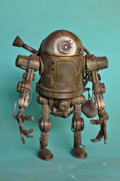 Robot Fantasy Art, Old Robot, Steampunk Robots, Recycled Robot, Steampunk Robot, Wood Pictures, Art Steampunk, Robot Sculpture, Ashley Wood