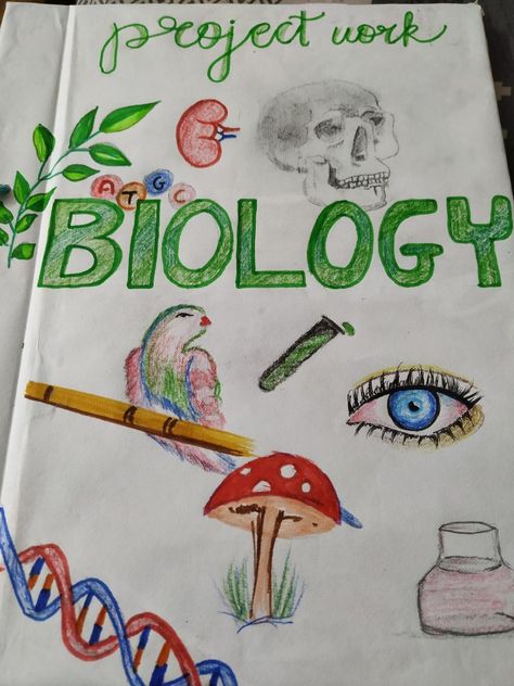 Biology handmade project file/ notebook cover idea Biology Portfolio Cover, Bio Front Page Design, Biology Notebook Cover Ideas, Biology File Cover Decoration, Bio Project Cover Page, Biology Project Cover Page Ideas School, Biology Border Design, Biology Project Front Page Design, Biology Cover Page Design