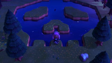 Larger skull lake than I've made. Skull Lake Animal Crossing, Acnh Spooky Island Layout, Skull Pond Animal Crossing, Acnh Skull Design, Animal Crossing Spooky Island, Acnh River, Dark Forestcore, Cosy Games, Halloween Acnh